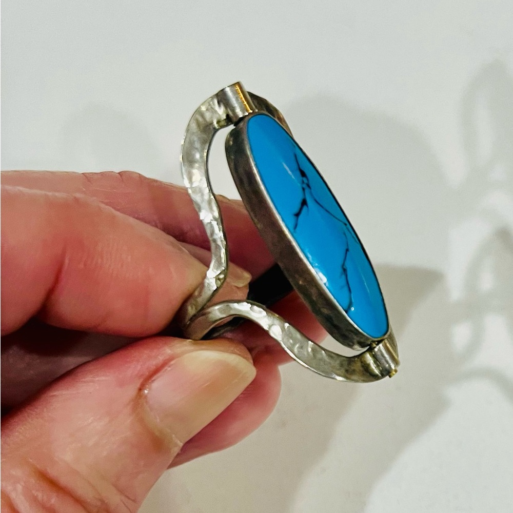 RARE VTG Reversible Artisan Ring, Tibetan Silver,Dual Turquoise Cabochons, Sz 9 - Picture 4 of 11